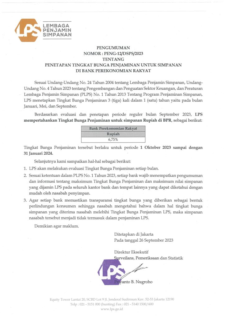 Tingkat Suku Bunga LPS 01 Okt 2023