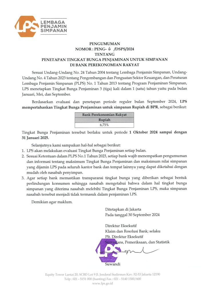 Tingkat Suku Bunga LPS 01 Okt 2024